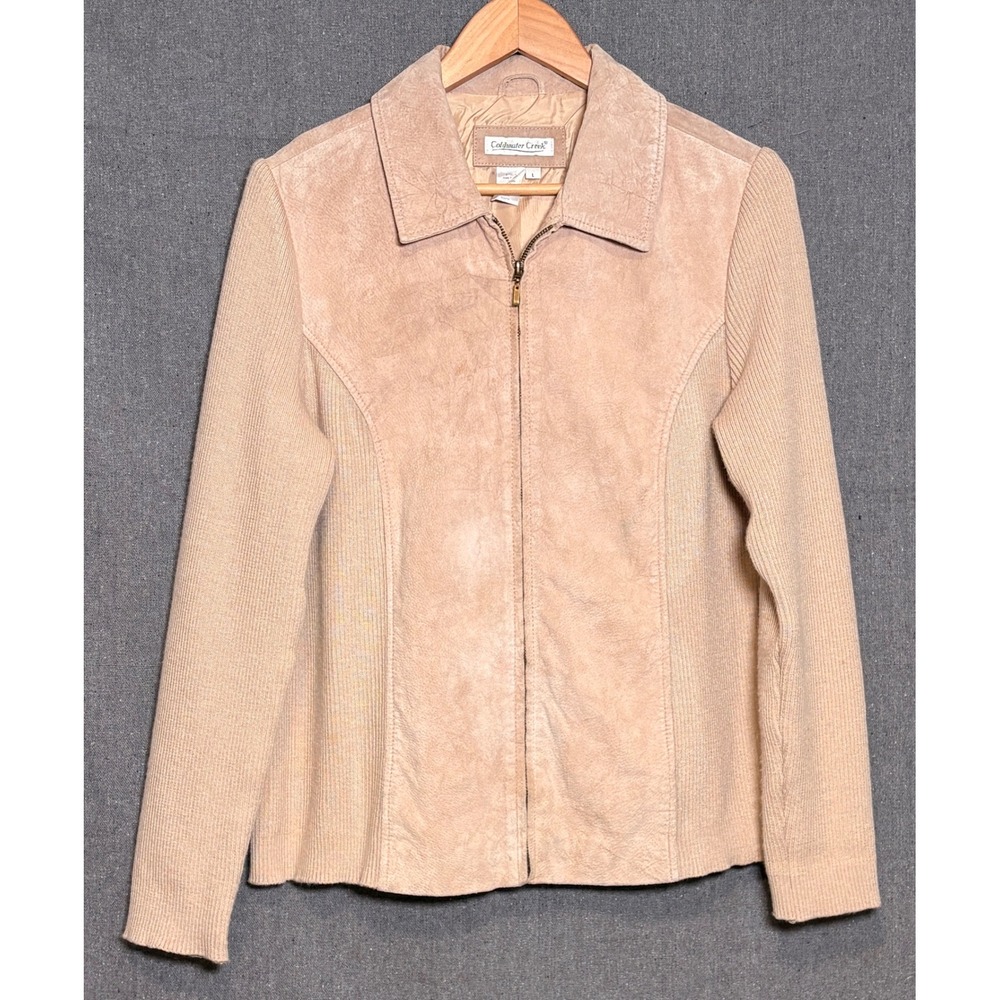 Coldwater Creek Womens Large Tan Beige Leather Suede Knit Mixed Media Zip Jacket